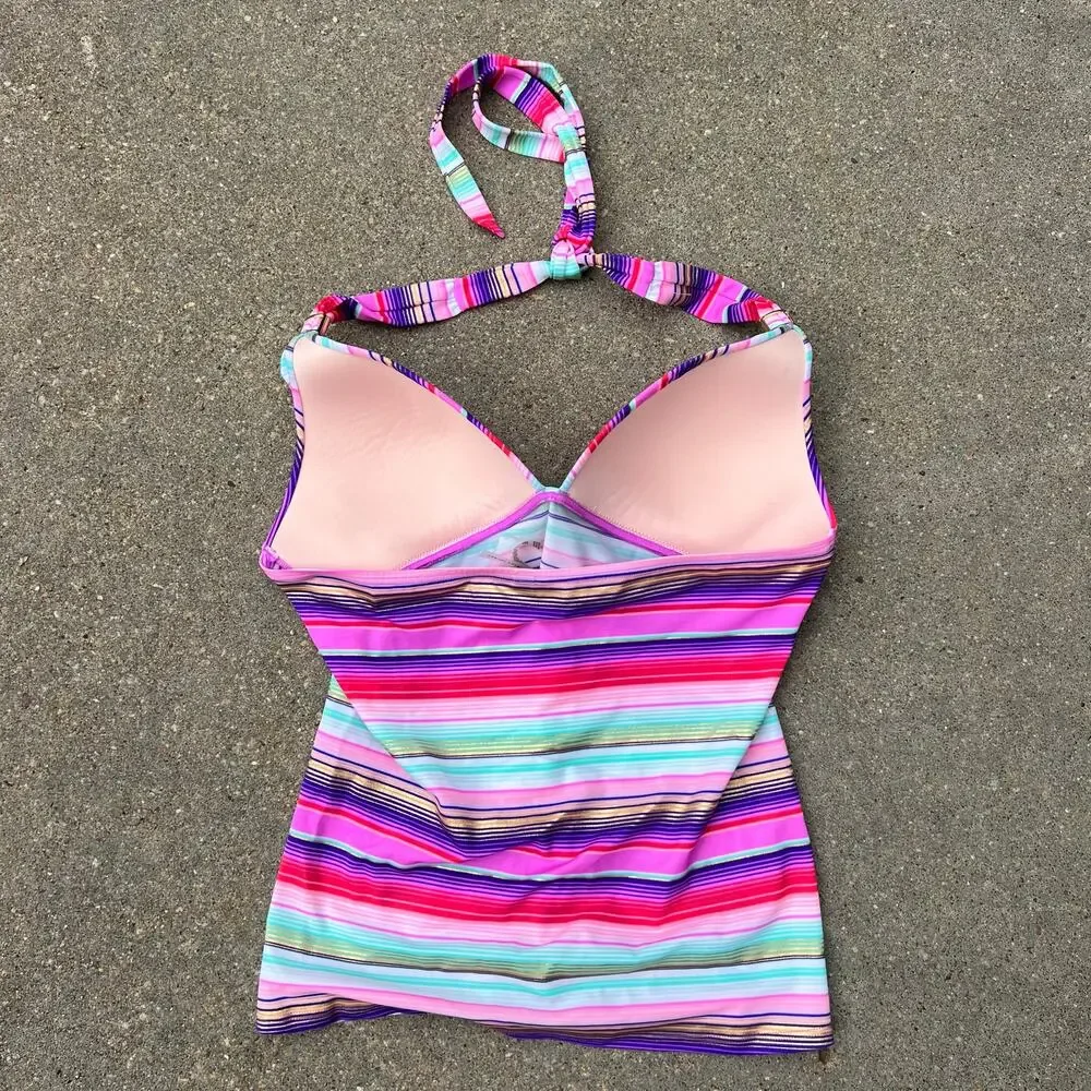 Victoria's Secret High Rise Foldover Bikini Tankini Purple Fuchsia Blue Stripe L